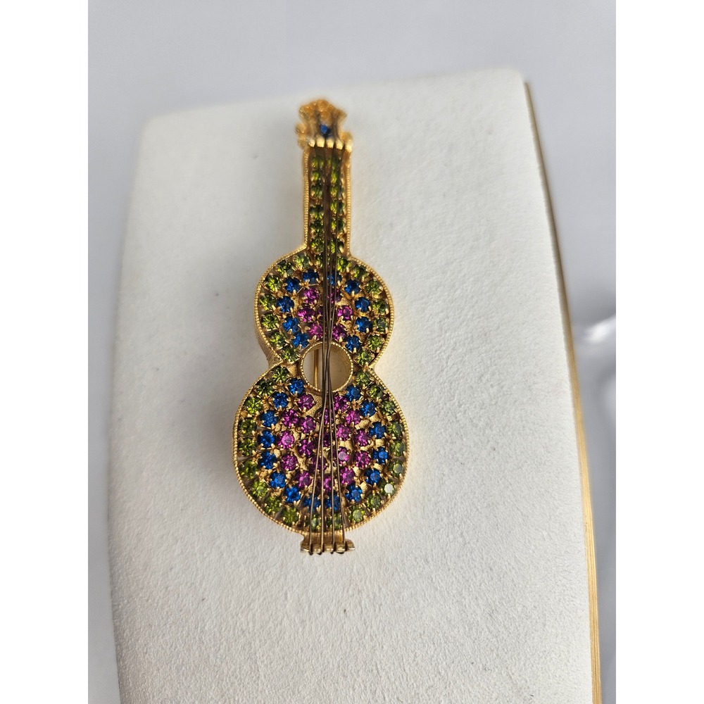 Vintage Rhinestone Guitar Brooch Gold Tone Figural Pin Multicolor Fabulous!